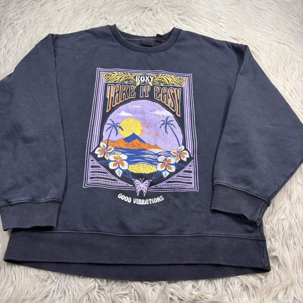 Roxy Women's S Oversized Black Take it Easy Graphic Sweatshirt Beachy Cozycore